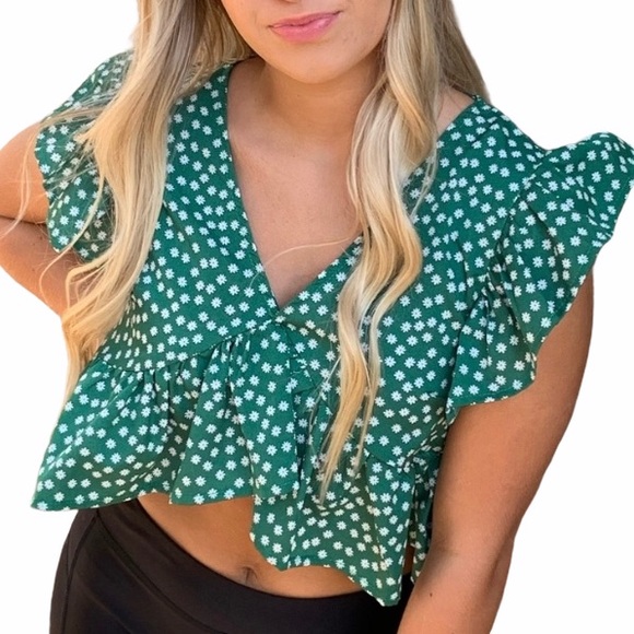 Floral V Neck Peplum Crop Top Green Size Small - Picture 1 of 11